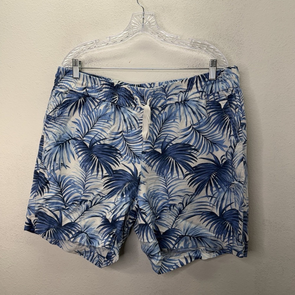 Talbots Women's XL Blue Linen Cotton Elastic Waist High Rise Shorts Palm Print